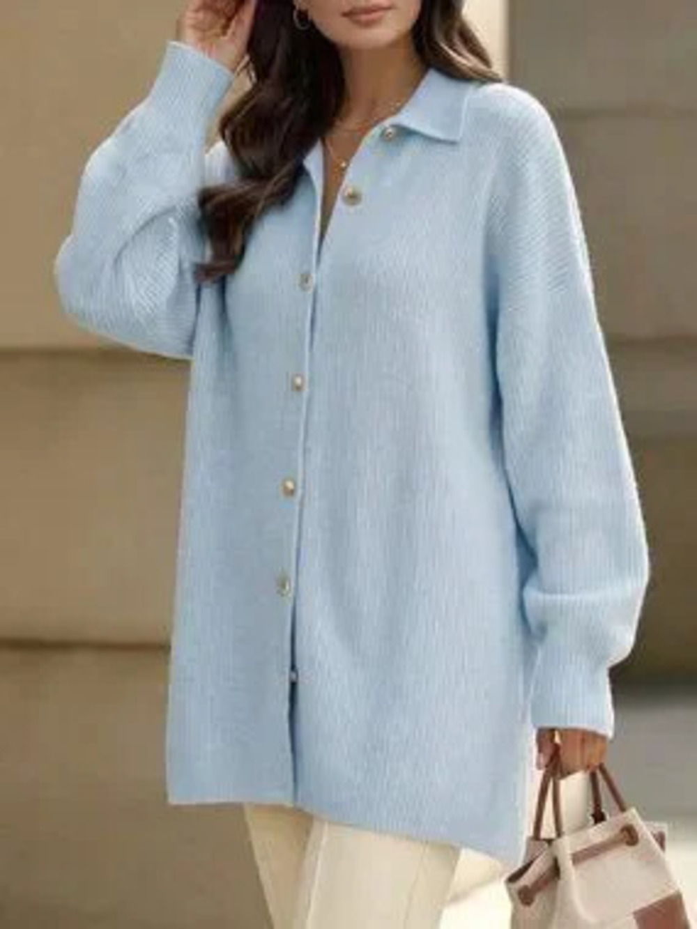 Blue Casual Women's Mid-Length Cardigan With Lapel